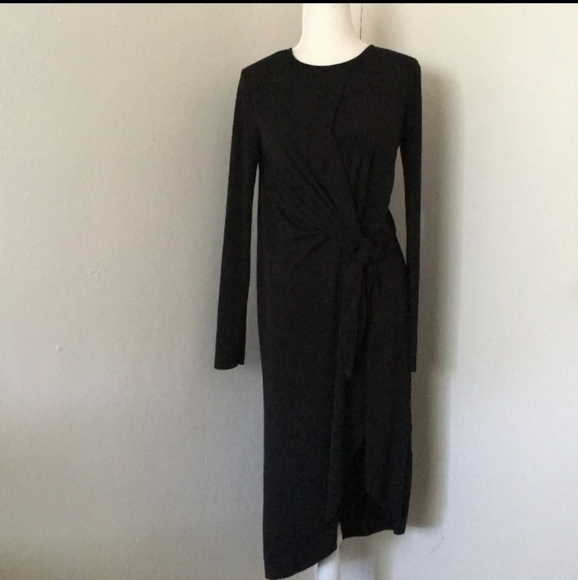 Zara tie front asymmetrical midi slit dress LBD slinky knit stretch size L - Picture 3 of 8
